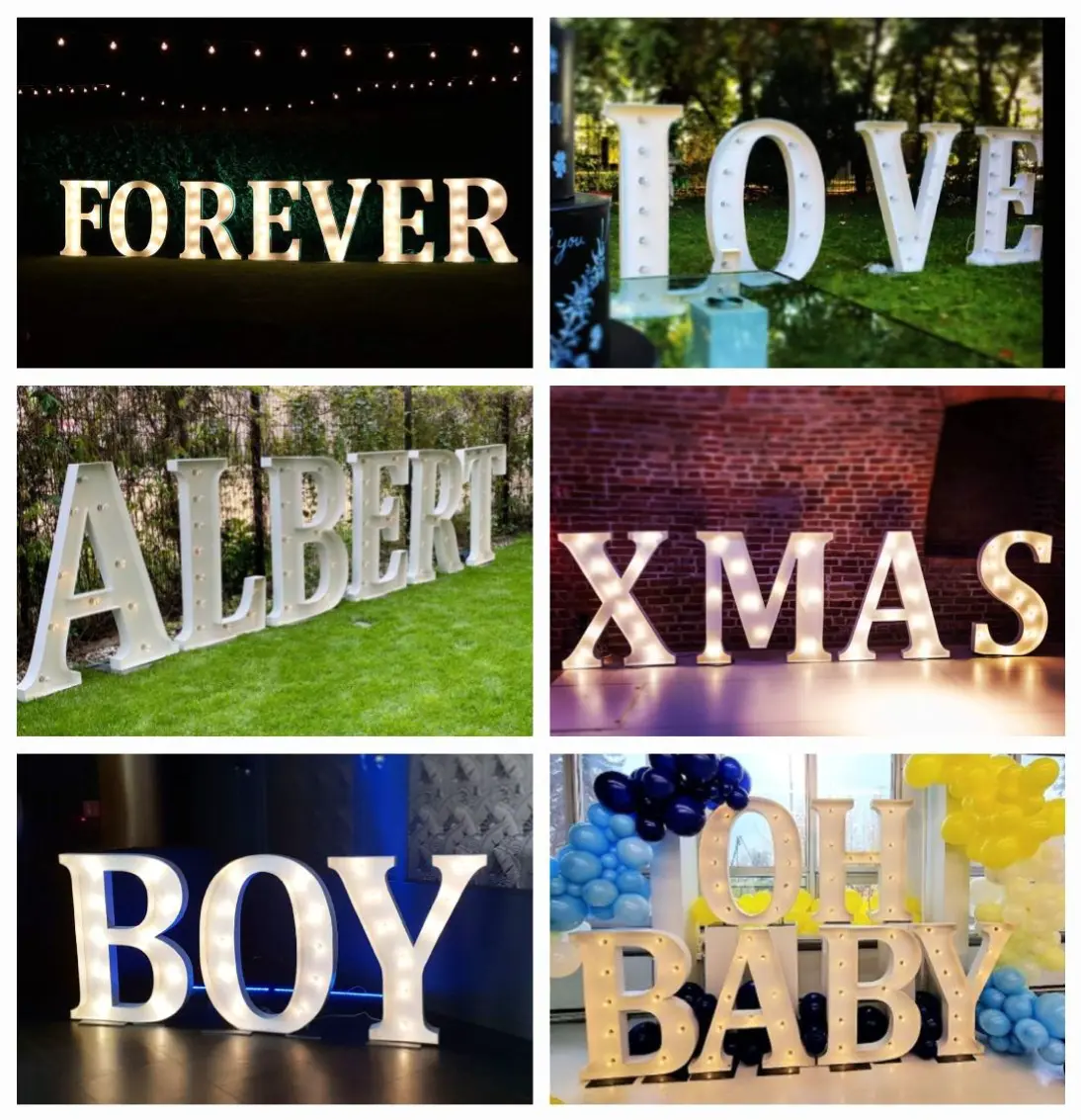 Kolaż zdjęć z dużymi podświetlanymi literami 3D, tworzącymi napisy na różne okazje: „FOREVER”, „LOVE”, „ALBERT”, „XMAS”, „BOY” oraz „OH BABY”. Litery w białym kolorze z żarówkami stylizowanymi na retro są ustawione w różnych sceneriach – na trawie, tle z cegły, w sali eventowej oraz przy dekoracjach balonowych. Idealne jako efektowna dekoracja na wesela, urodziny, święta, baby shower, chrzciny lub imprezy tematyczne. Styl nowoczesny, dekoracyjny, przyciągający uwagę i doskonały do zdjęć